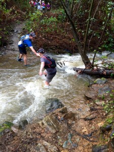 Pigeon getting some help across one of the larger stronger stream crossings